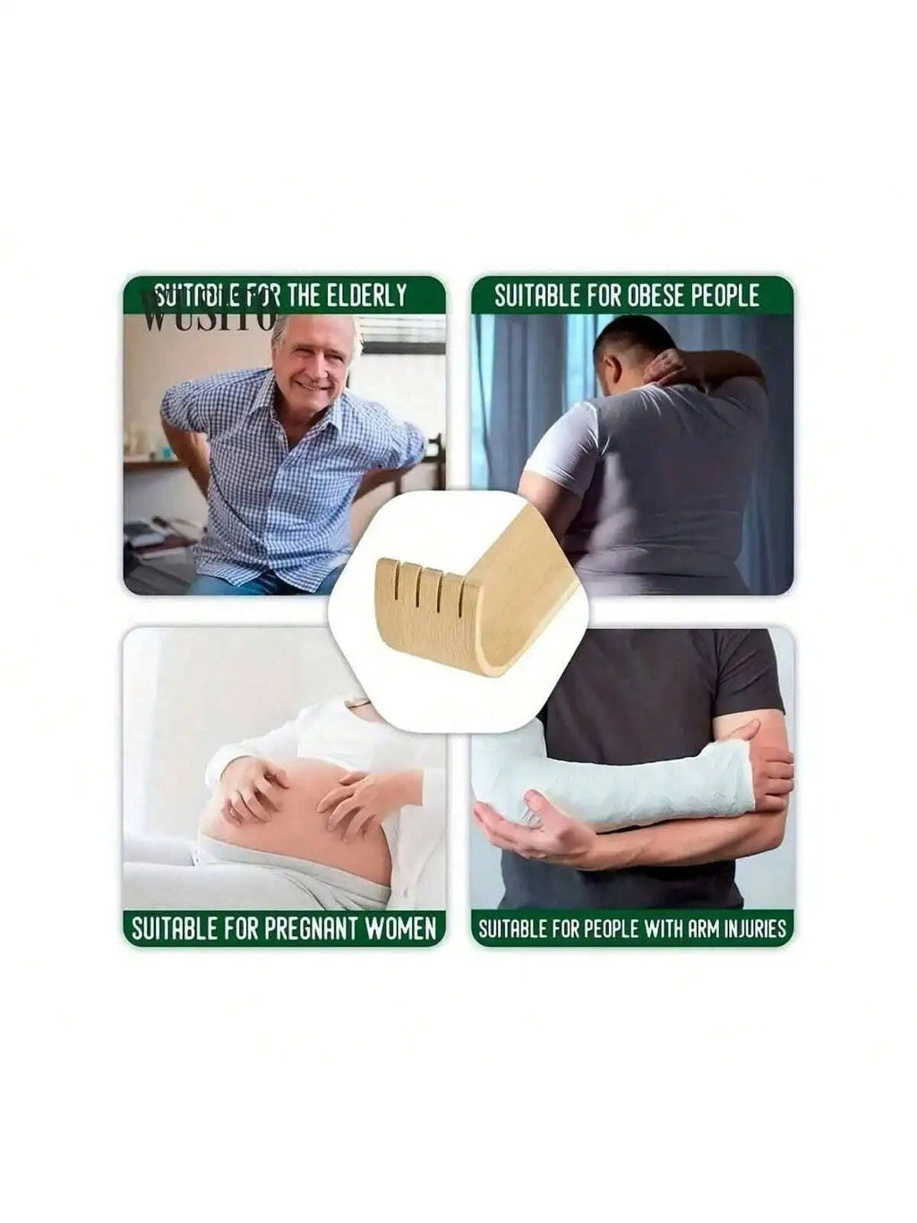 Four pictures of people having a hard time scratching their backs and the teeth of the wooden back scratcher in the center