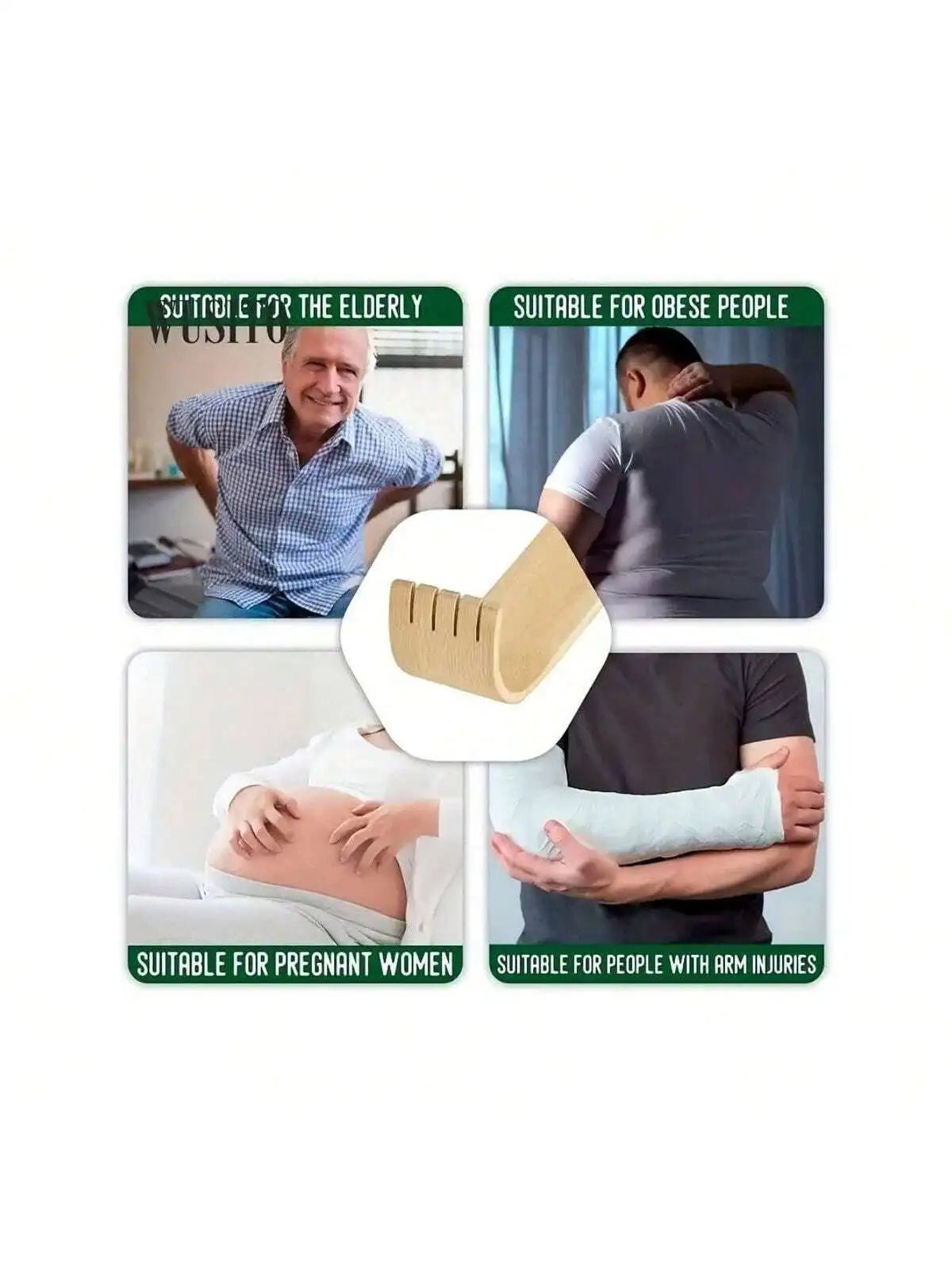 Four pictures of people having a hard time scratching their backs and the teeth of the wooden back scratcher in the center