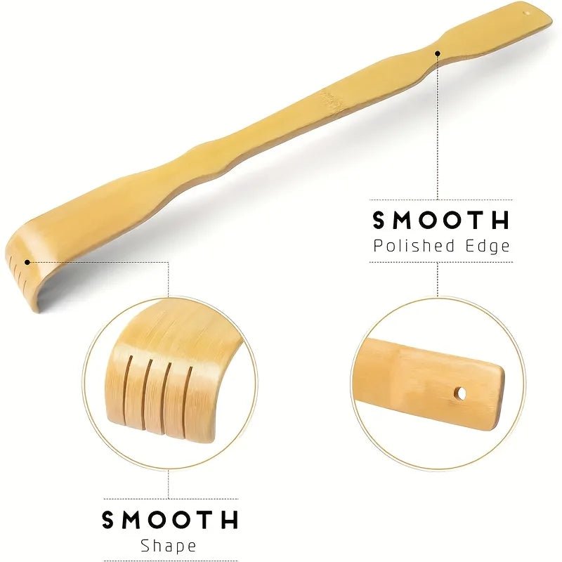 back scratcher with smooth polished edge and shape on a white background with zoomed in images of wooden teeth