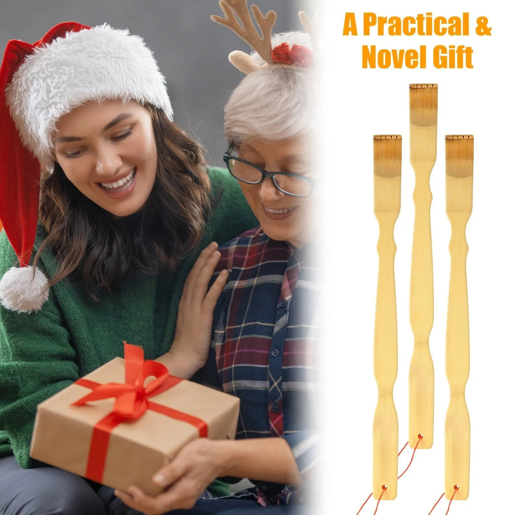 woman giving gift box to someone else and set of three wooden back scratchers with white background