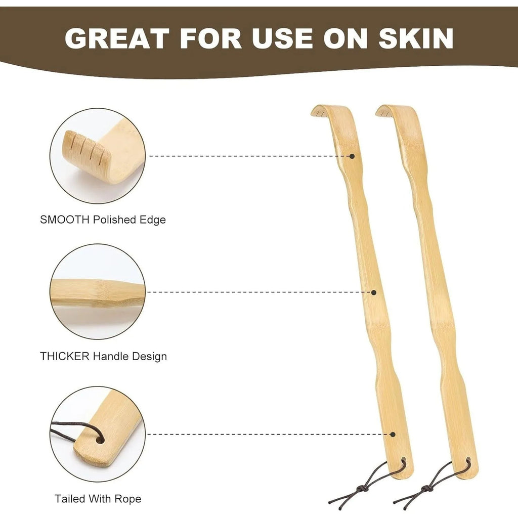 two wooden back scratchers with zoomed in details with a white background