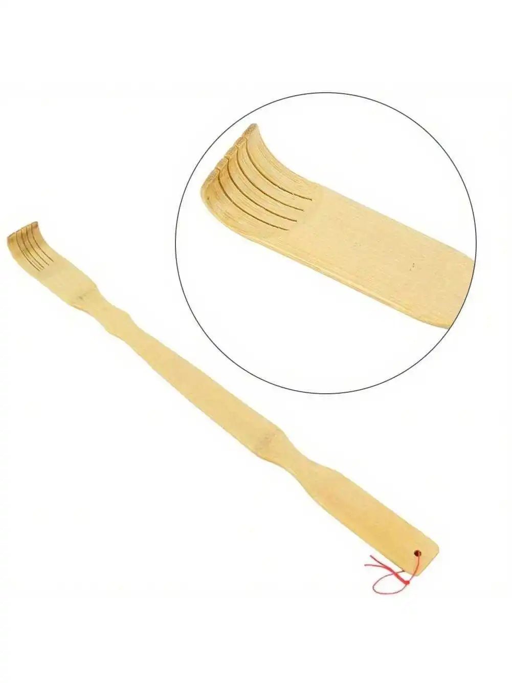 wooden back scratcher with a long handle and white background