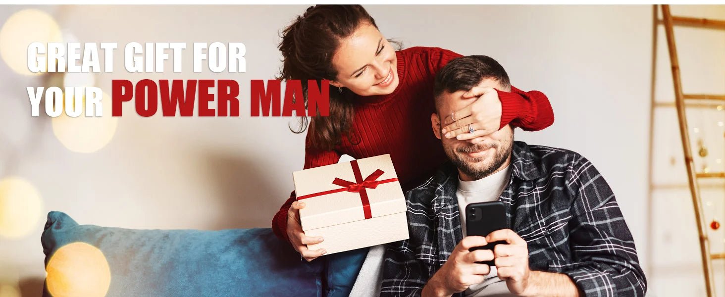 woman covering mans eyes with gift box in her opposite hand
