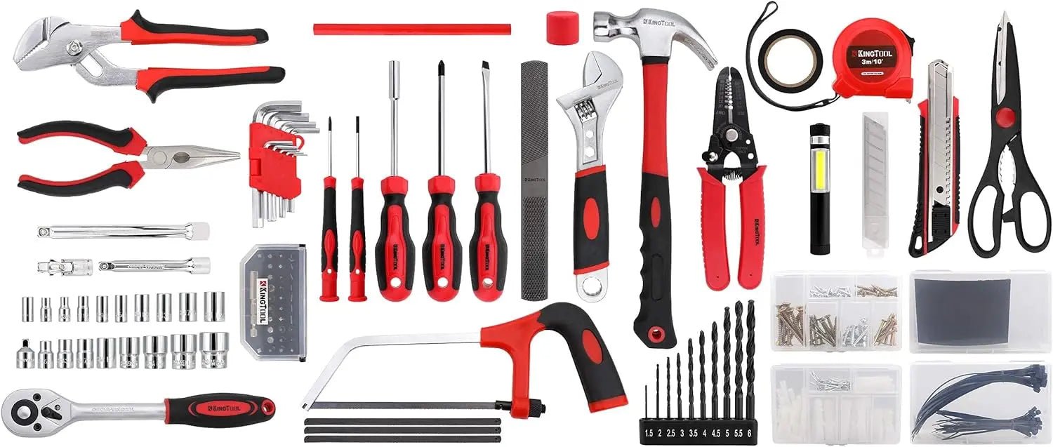 different hand tools laid out in a white background