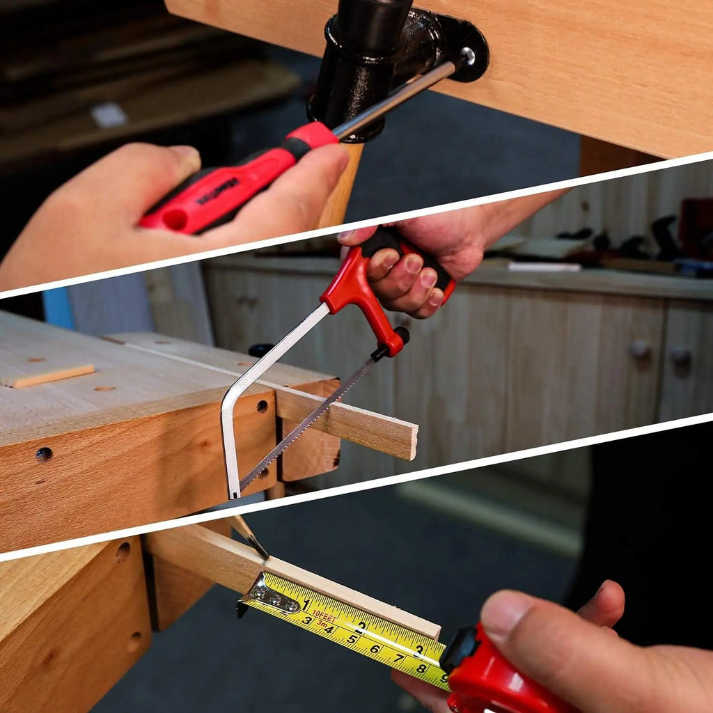 3 pictures of different hand tools in use with hand operation