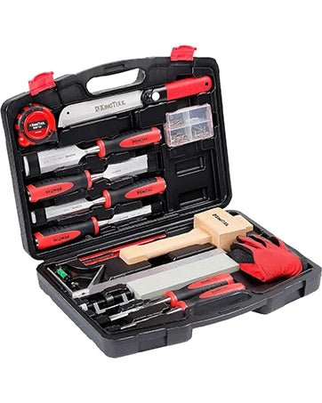 tool box open with hand tools displaying on a white background