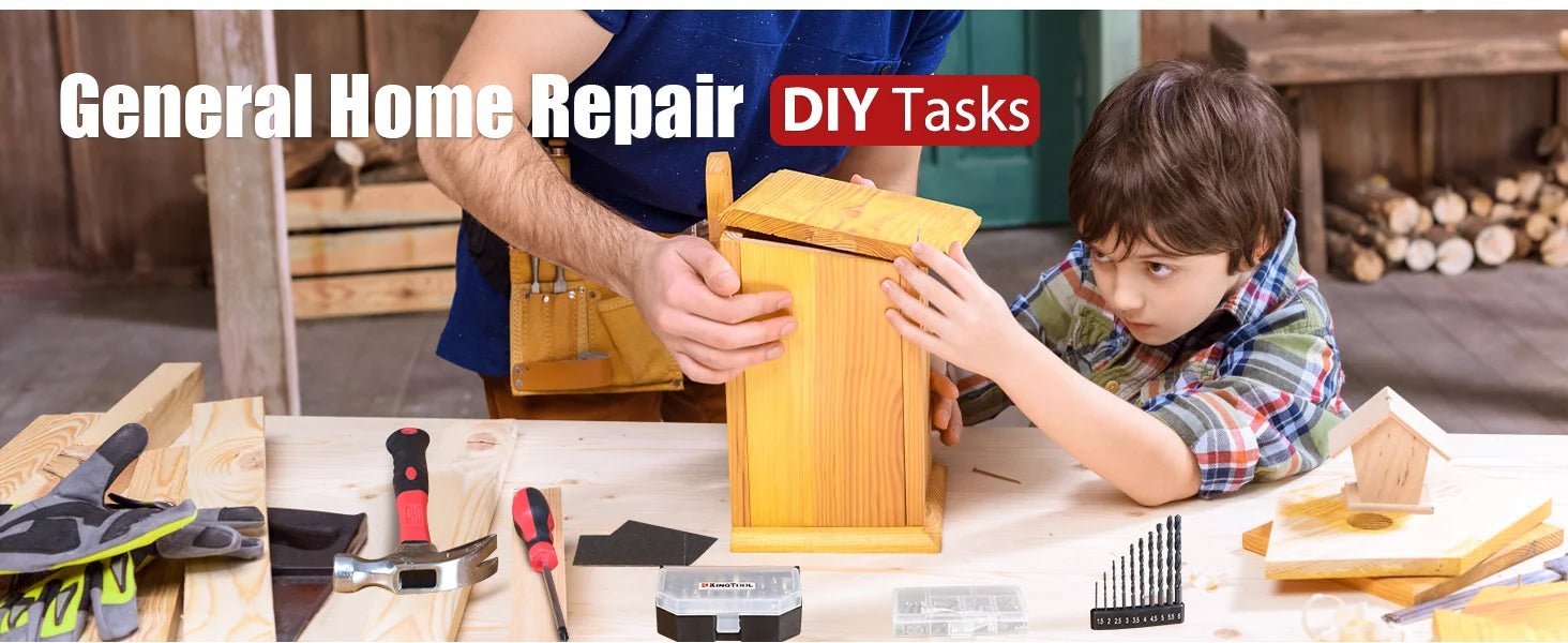 child fixing a wooden structure with general purpose tools on the workbench