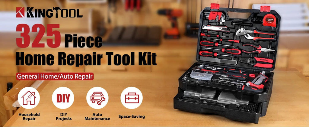 Tool kit on a wooden workbench with tool case flipped open displaying tools and a drawer slightly open showing more tools