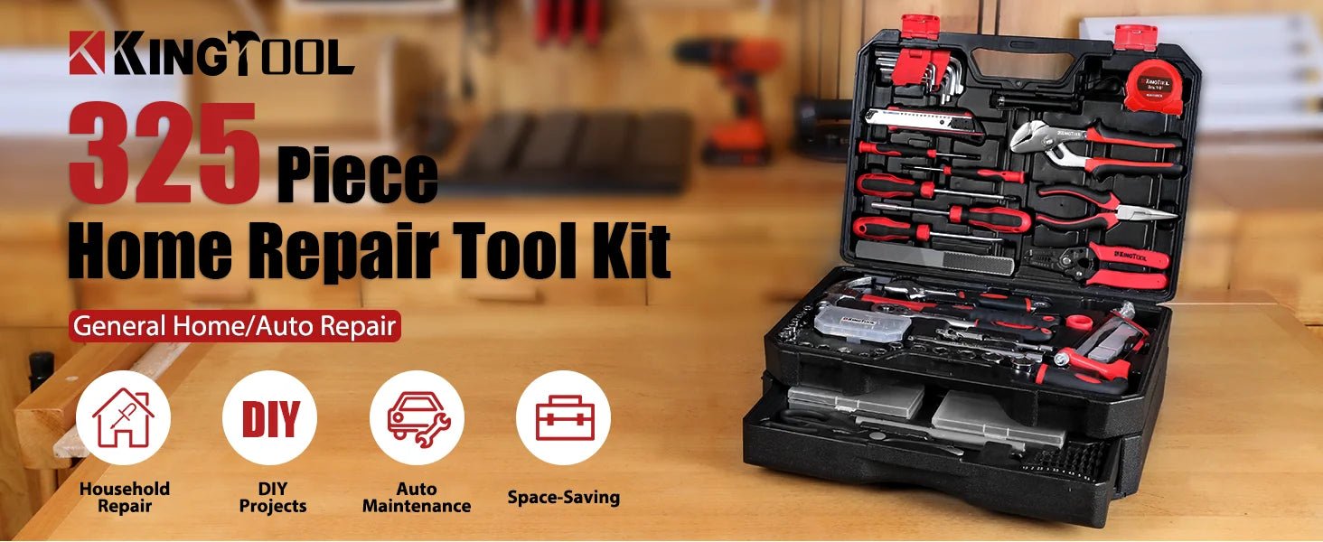 Tool kit on a wooden workbench with tool case flipped open displaying tools and a drawer slightly open showing more tools