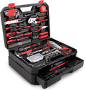 Tool kit sitting on white background with tool case flipped open displaying tools