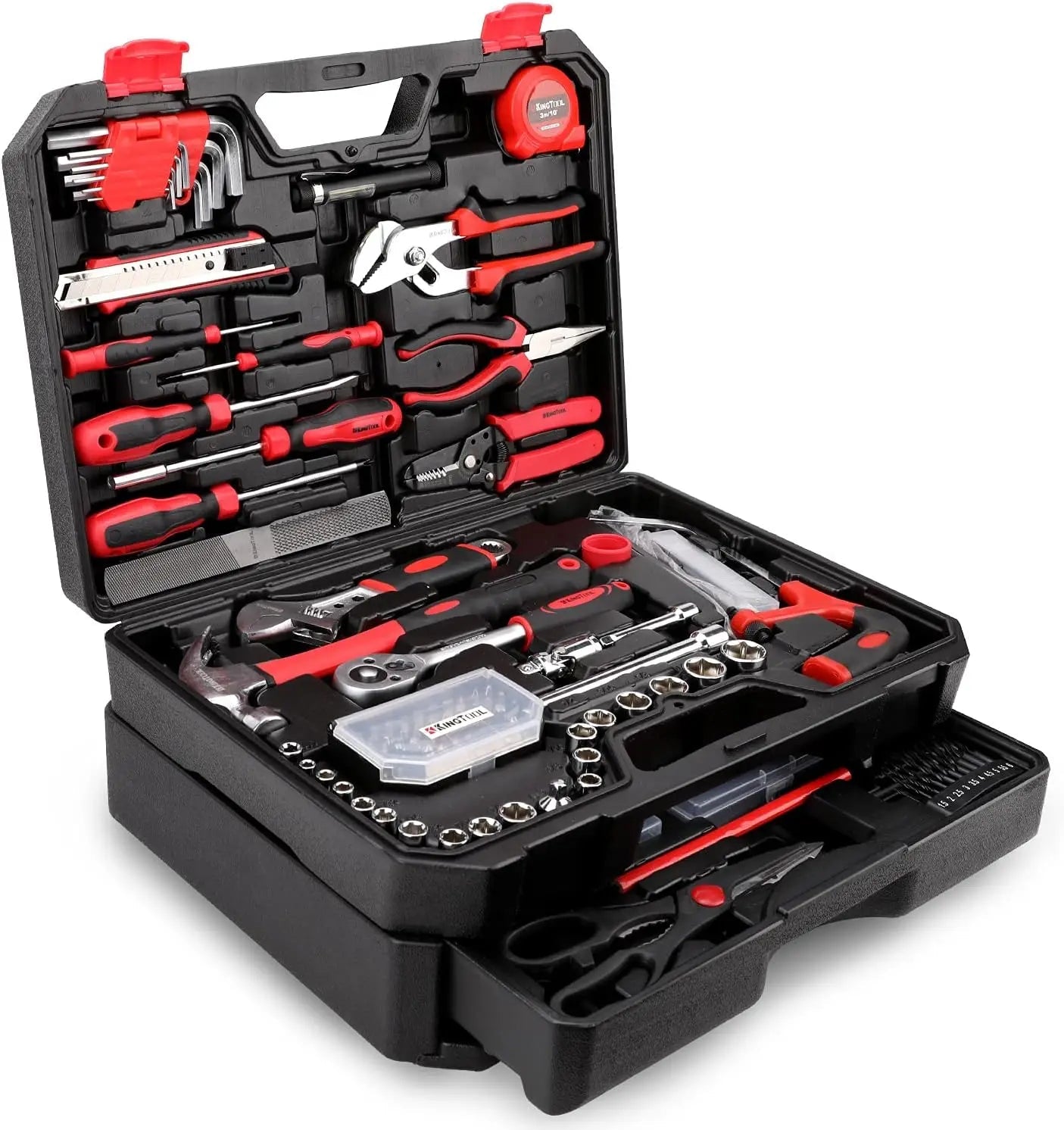 Tool kit sitting on white background with tool case flipped open displaying tools