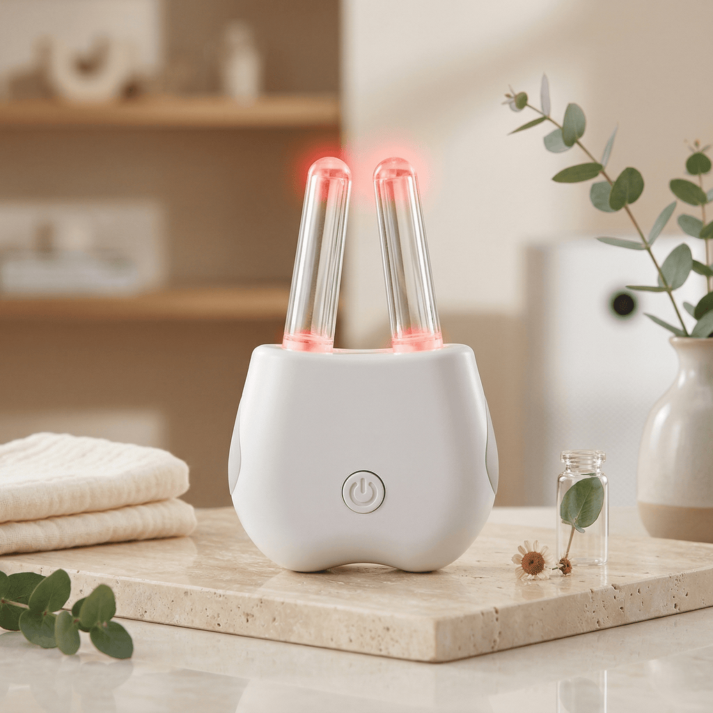 Nasal LED Therapy Device sitting upright on living room environment on small granite slab on a countertop with leaves