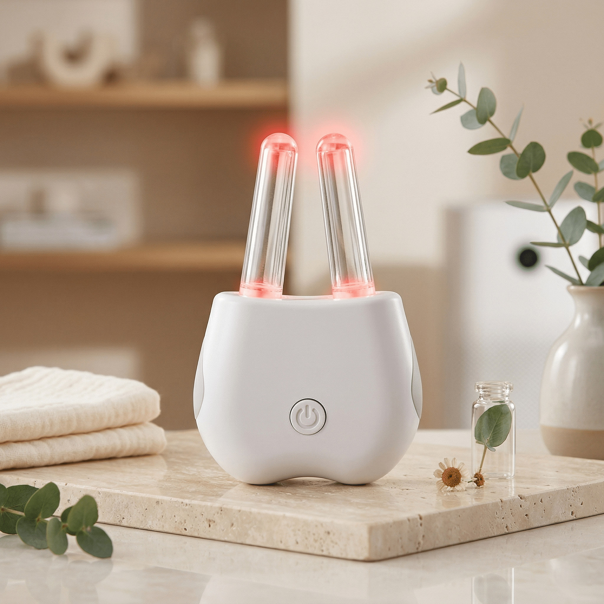 Nasal LED Therapy Device sitting upright on living room environment on small granite slab on a countertop with leaves