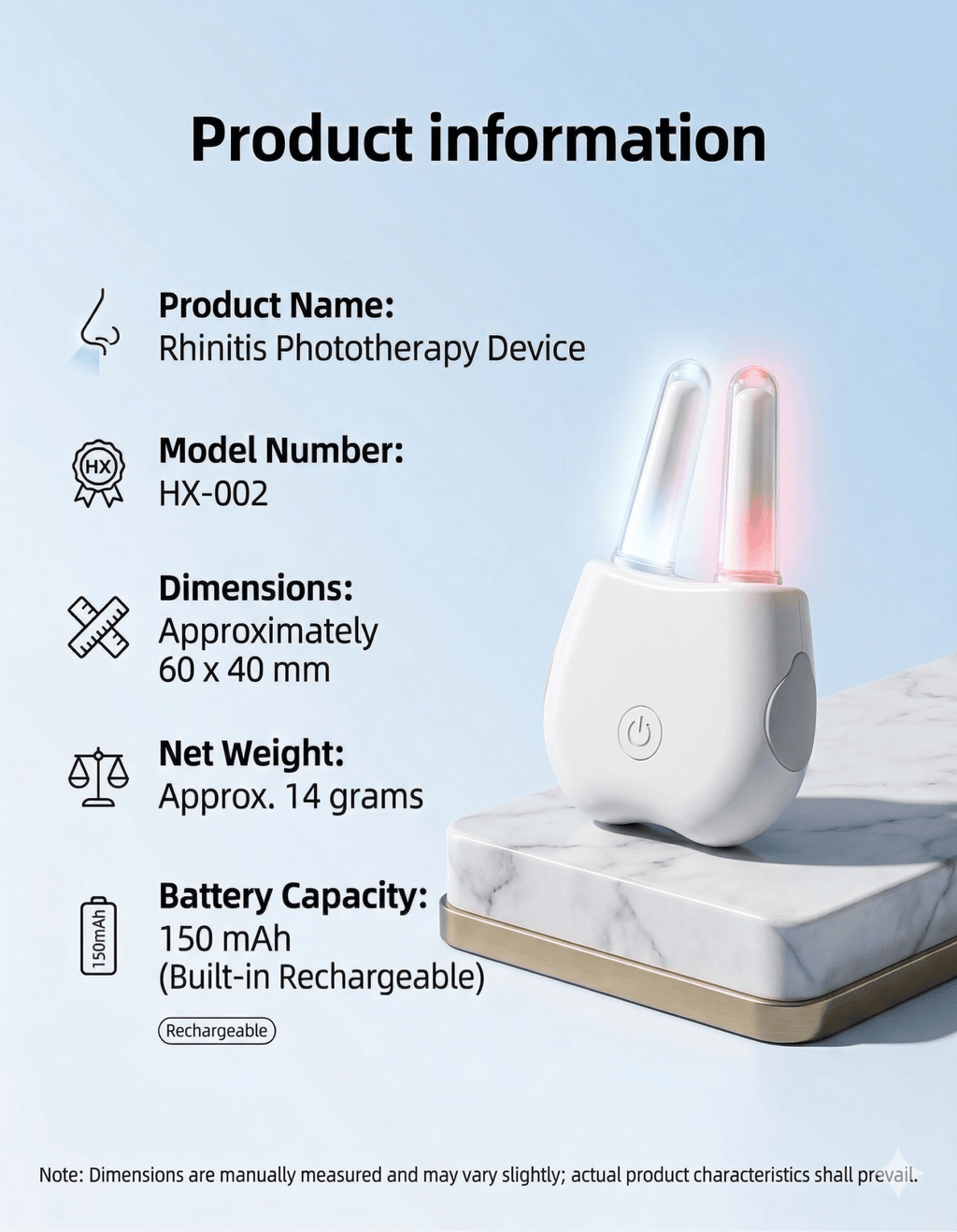 Nasal LED Device sitting upright on a piece of granite with a light background