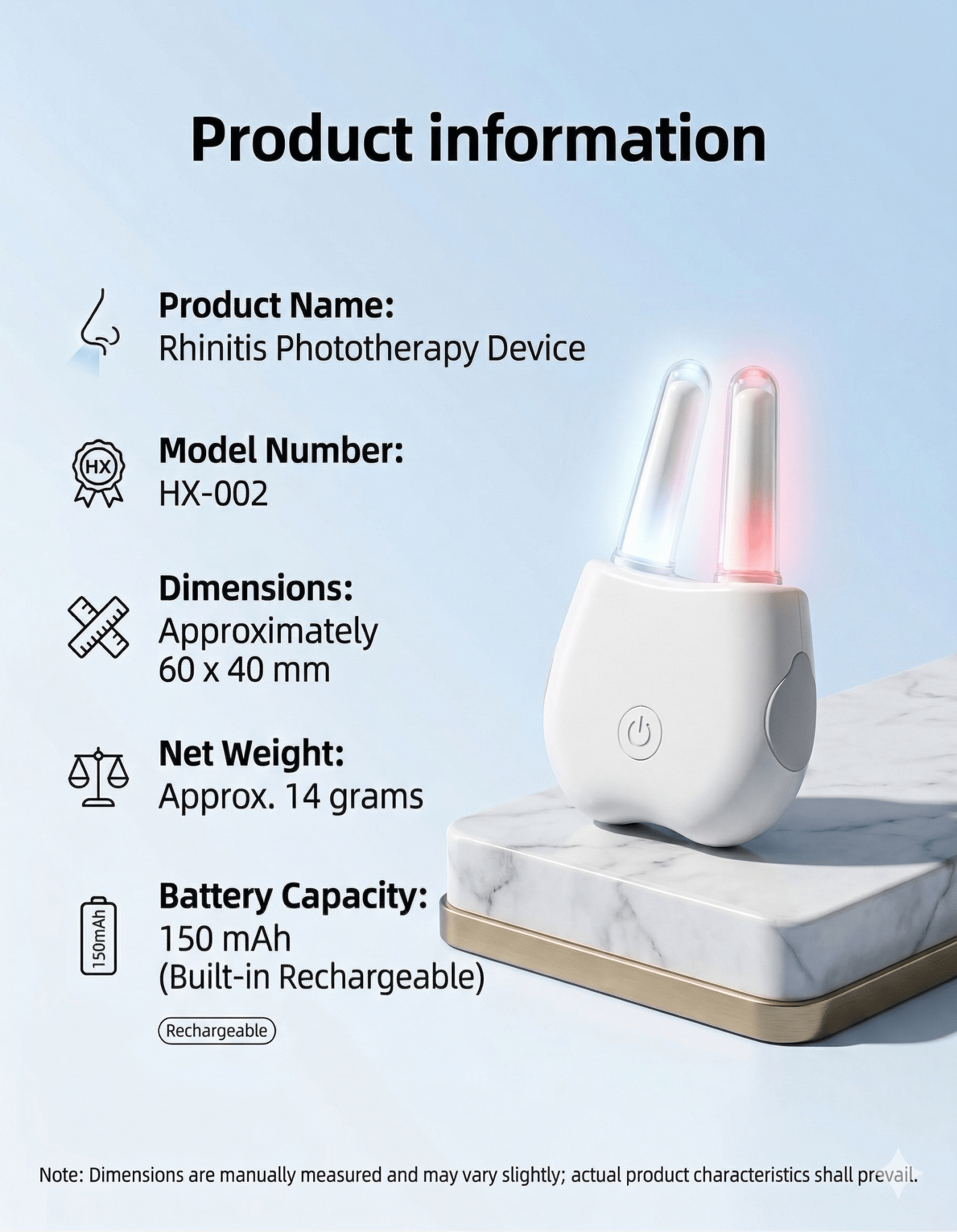 Nasal LED Device sitting upright on a piece of granite with a light background